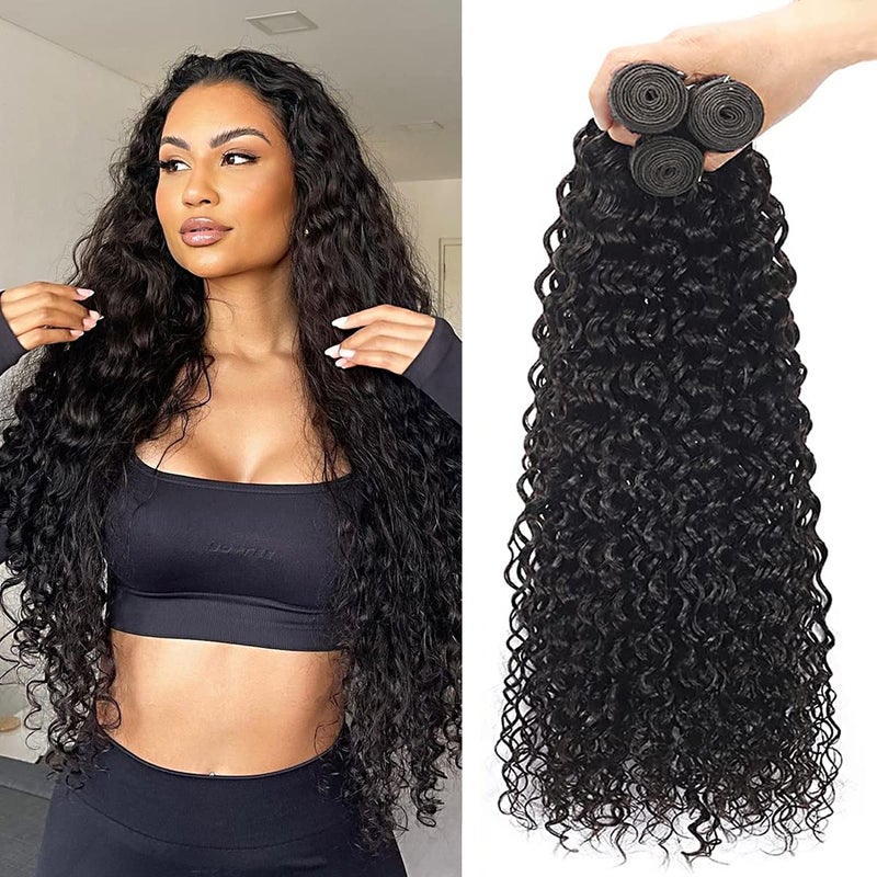 حزم شعر بشري مموج مائي 22 24 26 بوصة رطب ومموج 3 حزم شعر بشري 10A درجة حزمة شعر بشري لتمديدات شعر النساء السود  لون طبيعي
